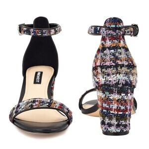 Nine West Multicolor Tweed Block Heel Sandals - Black Strap, Multicolor Tweed